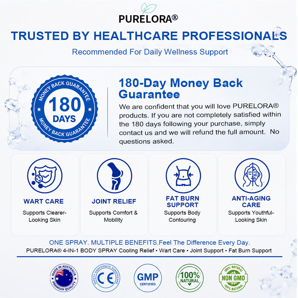 🛡️【Trusted Wellness Formula】PURELORA® 4-in-1 Body Spray — Joint Relief · Fat Burn · Wart Remover · Instant Cooling Mist | Menthol + Salicylic Acid + Caffeine + Tea Tree + Berberine