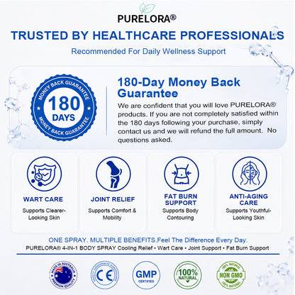 🛡️【Trusted Wellness Formula】PURELORA® 4-in-1 Body Spray — Joint Relief · Fat Burn · Wart Remover · Instant Cooling Mist | Menthol + Salicylic Acid + Caffeine + Tea Tree + Berberine
